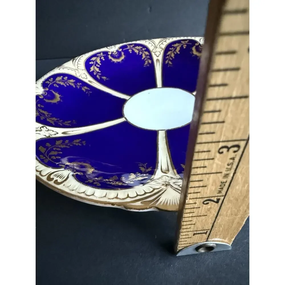 Vintage Bone China Blue White Serving Platter Gold Flower Trim Servingware 9”